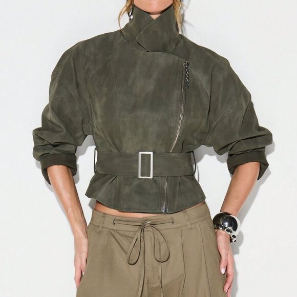 Jackets & Blazers - Army Green Casual Women's Suedette Biker Jacket
